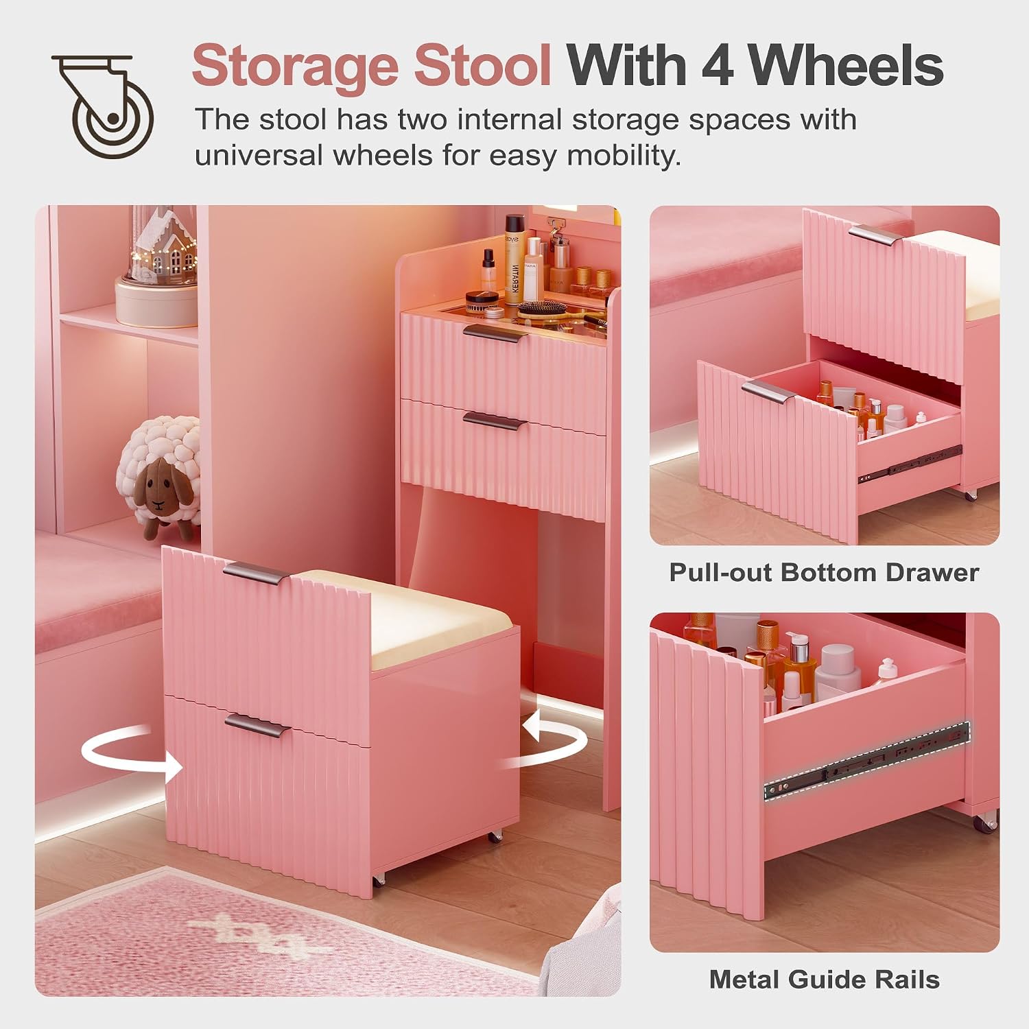 Lvifur 3 in 1 Small Vanity Desk with Plip Top Mirror,Makeup Vanity Set with Visible Glass Desktop,Compact Vanity with 3 Drawers,Storage Compartment and Padded Stool,Dressing Table for Bedroom,Pink