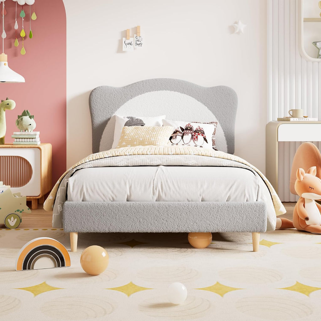 GarveeHome Twin Size Bed Frame for Kids - Cute Velvet Princess Platform Bed with Upholstered Headboard for Girls/Boys, Solid Wood Slats Support, No Box Spring Needed, Gray + White