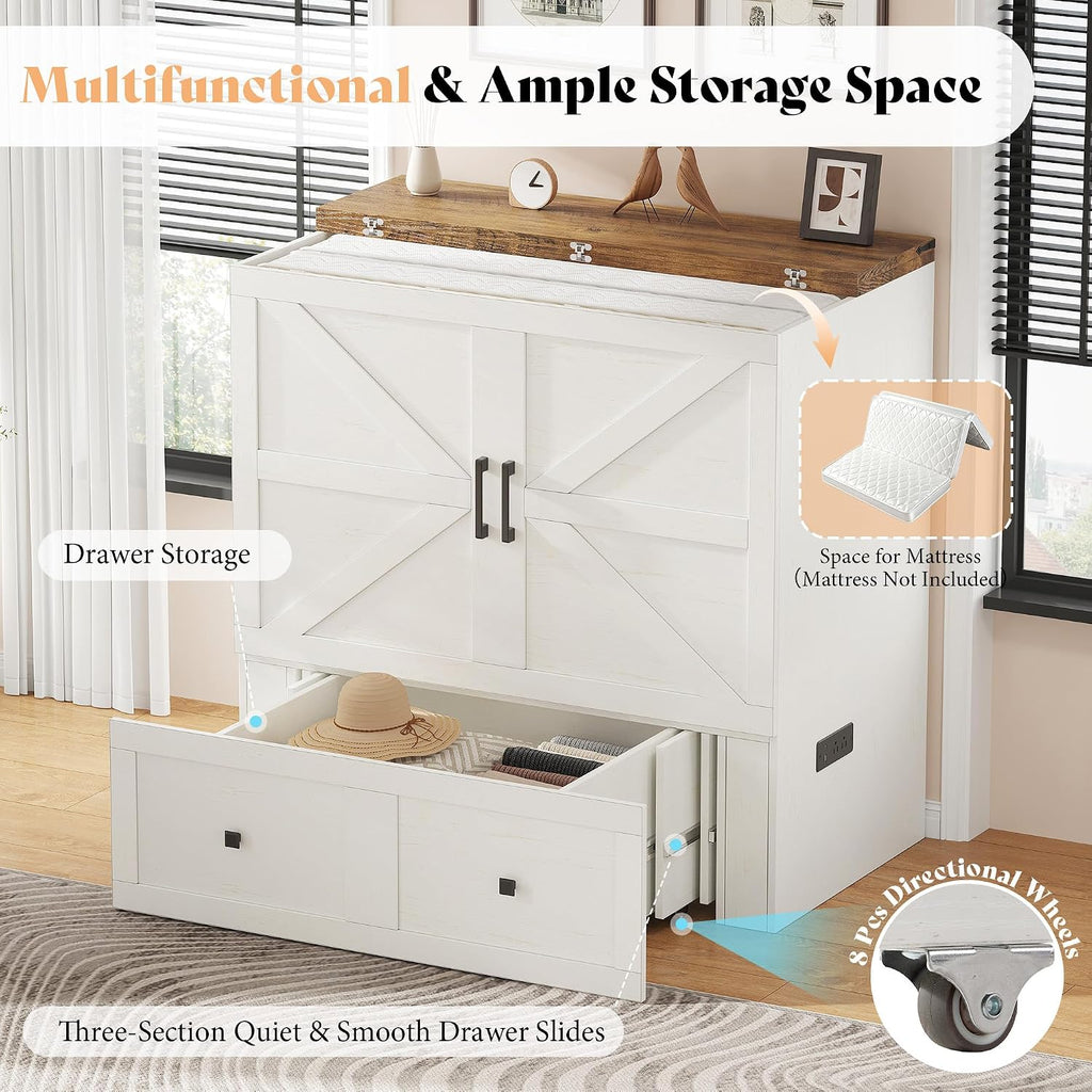 AMERLIFE Twin Murphy Bed Cabinet with Charging Station and Storage Drawer, Farmhouse Foldable Platform Bed for Home Office, Apartment, Small Spaces, Distressed White