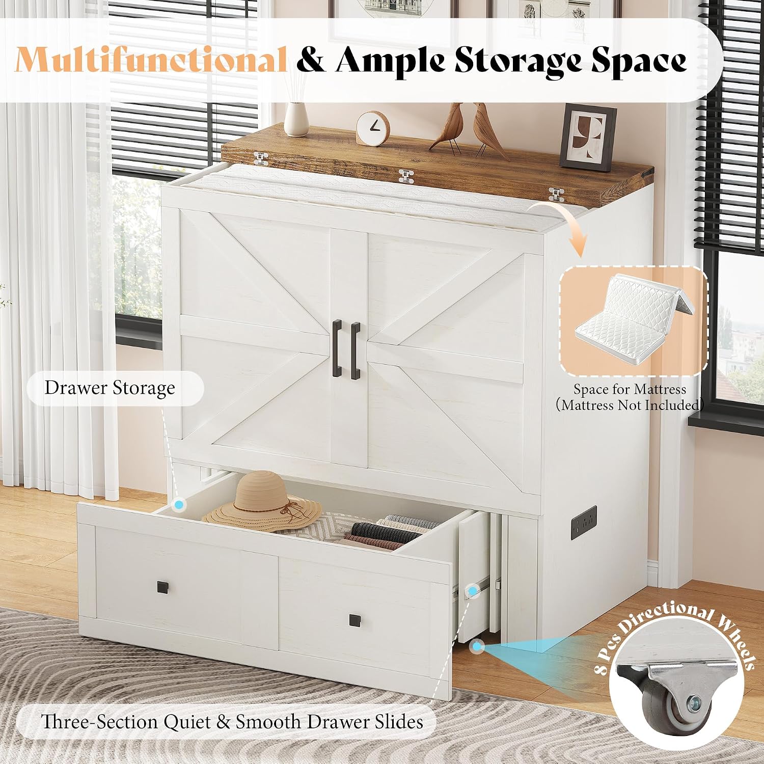 AMERLIFE Twin Murphy Bed Cabinet with Charging Station and Storage Drawer, Farmhouse Foldable Platform Bed for Home Office, Apartment, Small Spaces, Distressed White