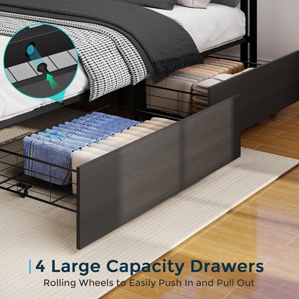SADENICEL King Bed Frame with Storage Headboard and 4 Drawers, Metal Platform Bed Frame with LED Light, Charging Station, No Box Spring Needed, Noise Free, Easy Assembly, Rustic Grey