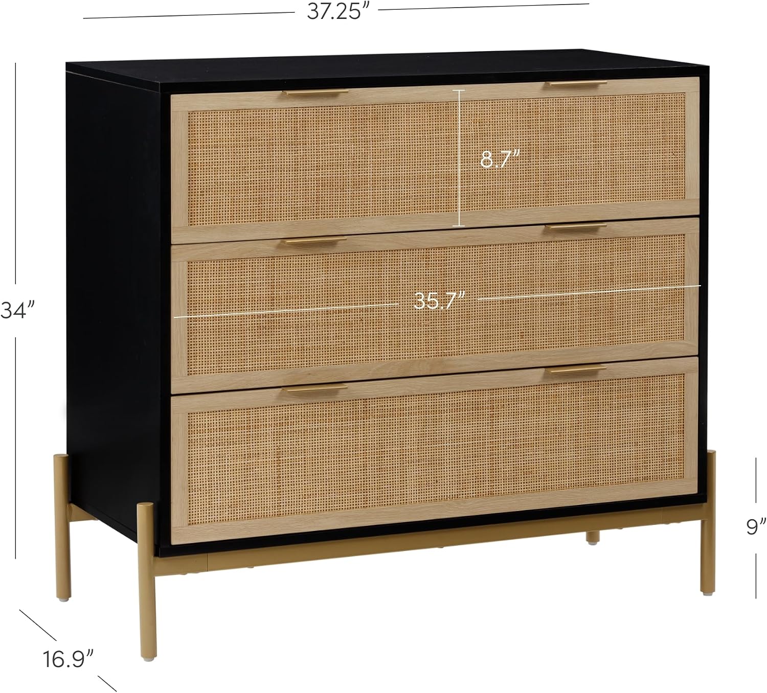 Nathan James Andrew 3-Drawer Chest Rattan Dresser, Bohemian Deep Drawer Dresser for Bedroom with Natural Rattan Accent and Metal Legs, Matte Black, Set of 2