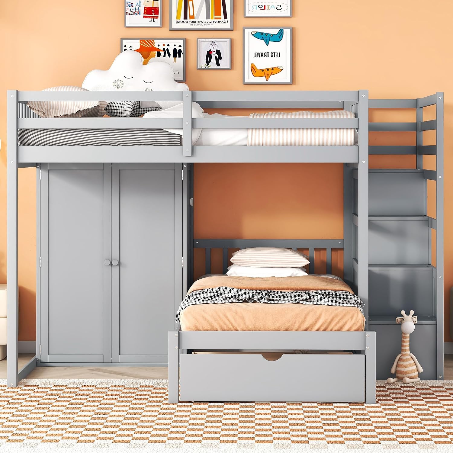 Ball & Cast Full Over Twin Bunk Bed with Safty Guardrail & Storage Stair,Wood Loft Bedframe W/Wardrobe & Drawers,Space-Saving Design,Easy Assembly,Versatile Furniture for Boys Girls Teen Bedroom,Gray