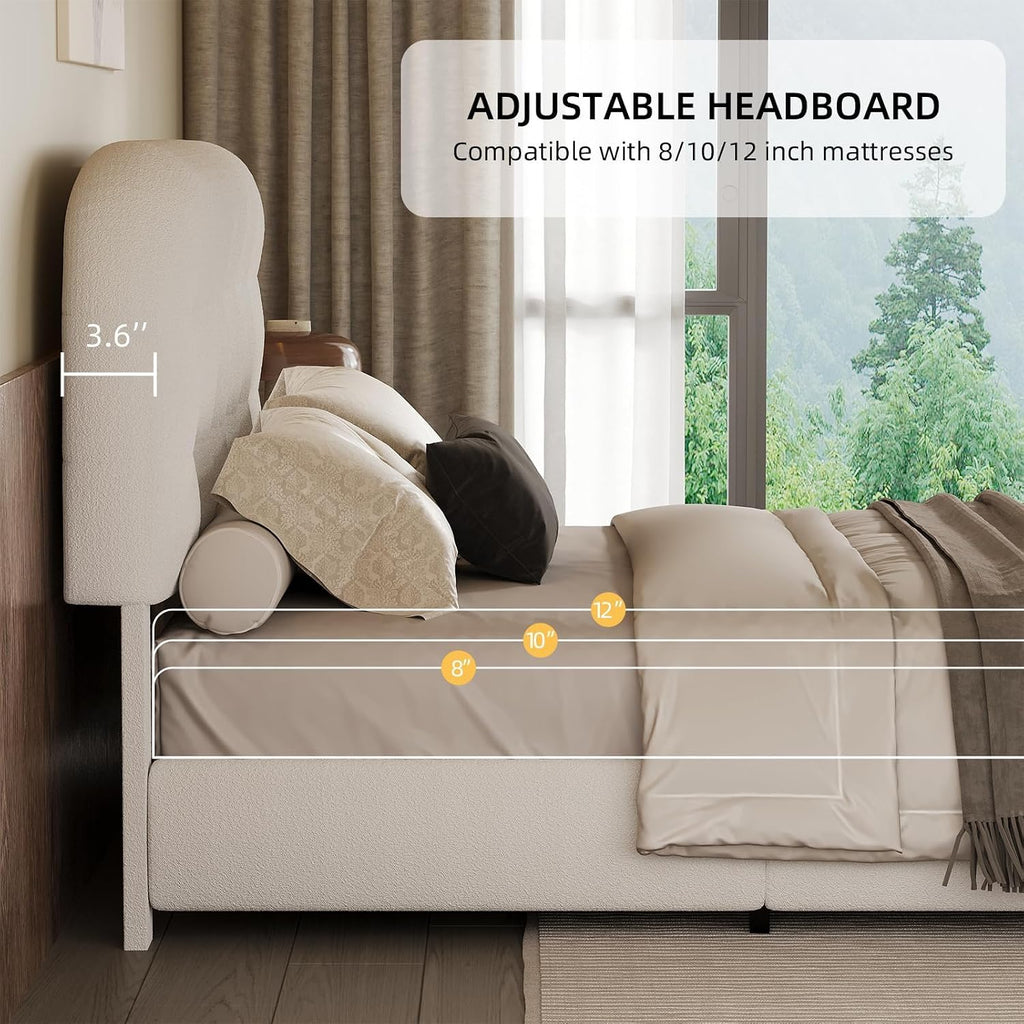 BarnFurin Queen Bed Frame, Boucle Upholstered Platform Bed with Headboard, Cloud Bed Frame, Soft Rounded Corners, No Box Spring Required, Easy Assembly, White