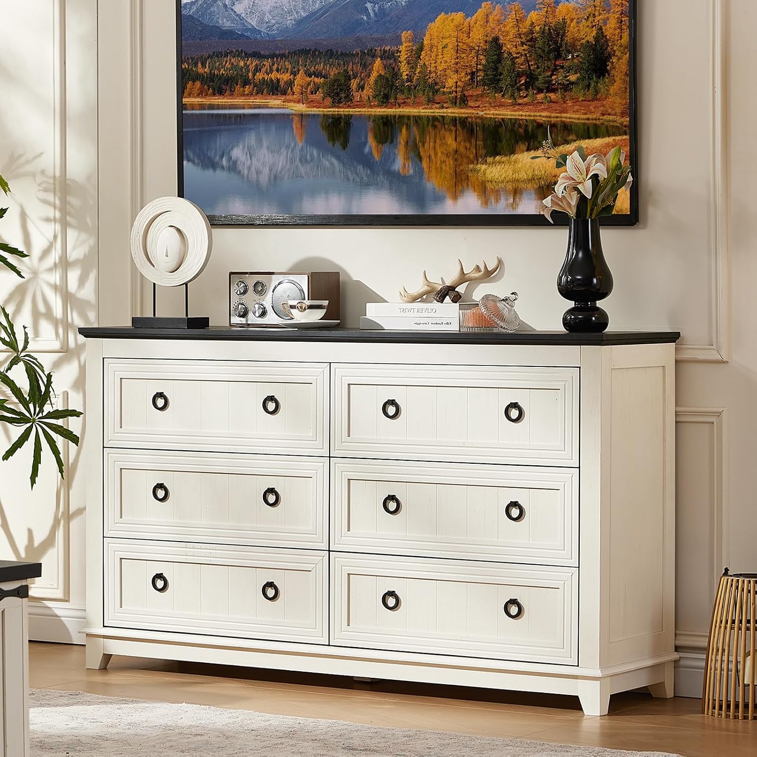 Joaxswe 6 Drawers Dresser for Bedroom, Farmhouse 54'' White Dresser Chest of Drawers, Vintage Design Wood TV Stand, Rustic Storage Dressers Organizer for Bedroom, Living Room, Hallway