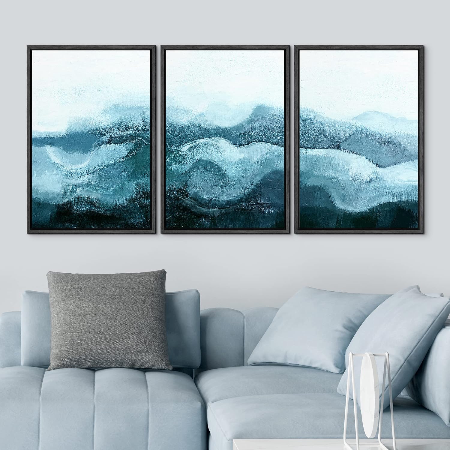 NWT Framed Canvas Print Wall Art Set Blue White Minimal Winter Cloud Mountain Abstract Wilderness Illustrations Art Rustic Scenic Relax/Calm for Living Room, Bedroom, Office - 16'x24'x3 Black