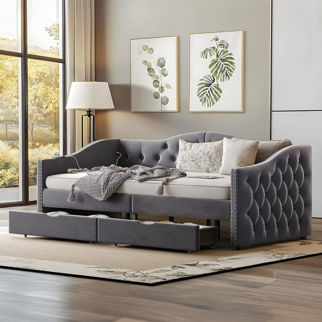Full Size Daybed with Storage Drawers, Upholstered Daybed with 2 USB Ports, Sturdy Wood Frame,Day Bed for Bedroom