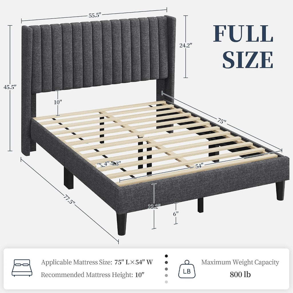 Yaheetech Full Bed Frame Upholstered Platform Bed with Fabric Headboard, Wing Edge Design/Non-Slip and Noise-Free/Wooden Slats Support/No Box Spring Needed/Easy Assembly, Dark Gray Full Bed