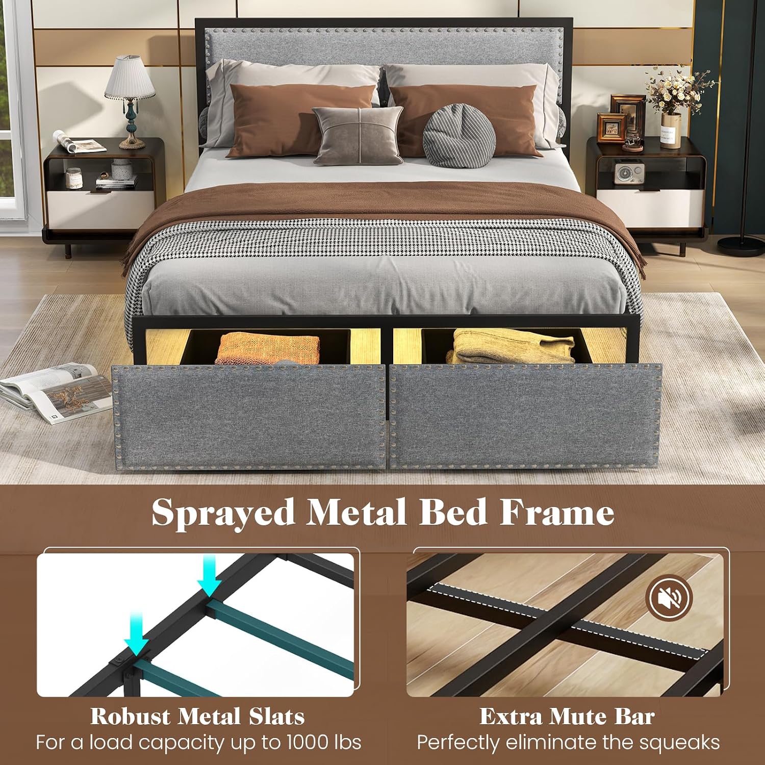 Giantex Queen Bed Frame with LED Lights and 2 Storage Drawers, Upholstered LED Platform Bed with Linen Fabric Headboard, Metal Slats Support, No Box Spring Needed, Light up Bed Frame, Grey