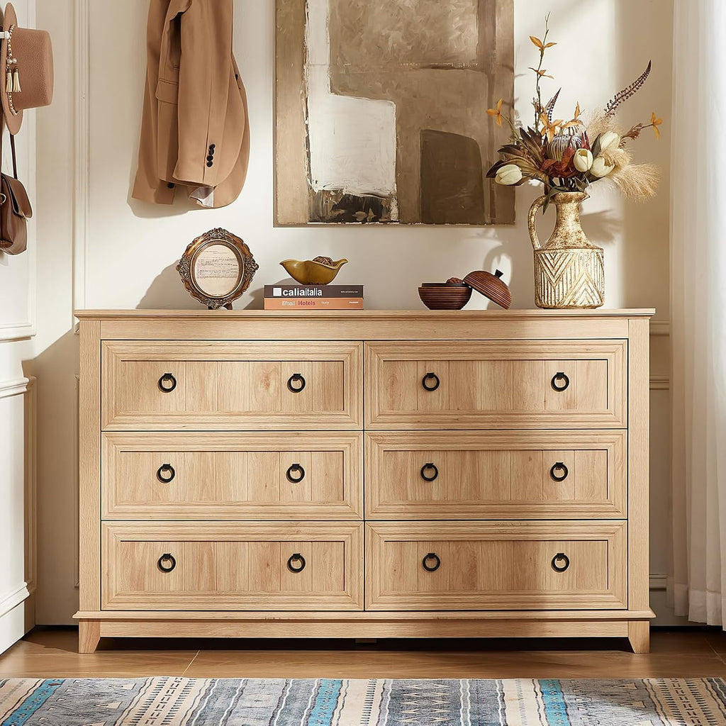 Joaxswe 6 Drawers Dresser for Bedroom, Farmhouse 54 Inch Wide Wood Dresser Chest of Drawers, Vintage Design TV Stand, Rustic Storage Dressers Organizer for Bedroom, Living Room, Hallway - Natural Wood