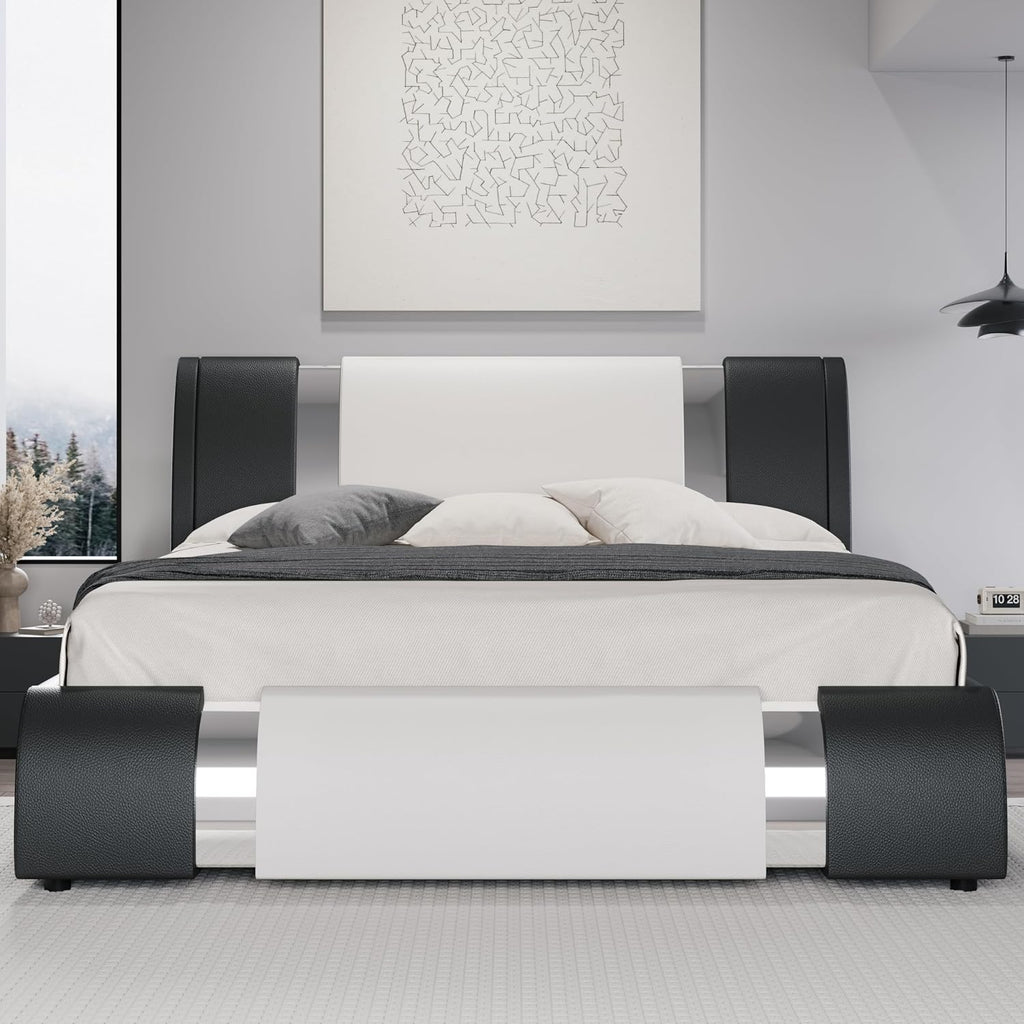 HOOMIC Modern Queen Faux Leather Bed Frame with Iron Pieces Decor, Low Profile Platform Bed with Height-Adjustable Headboard, Solid Wood Slat Support, No Box Spring Needed, Black & White