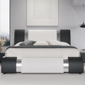 HOOMIC Modern Queen Faux Leather Bed Frame with Iron Pieces Decor, Low Profile Platform Bed with Height-Adjustable Headboard, Solid Wood Slat Support, No Box Spring Needed, Black & White