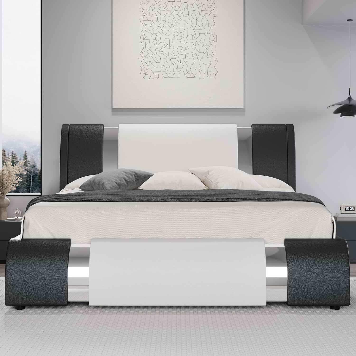 HOOMIC Modern Queen Faux Leather Bed Frame with Iron Pieces Decor, Low Profile Platform Bed with Height-Adjustable Headboard, Solid Wood Slat Support, No Box Spring Needed, Black & White
