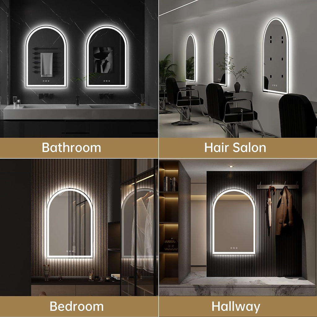 Arched LED Mirror for Bathroom 24'x36'- Frameless Lighted Bathroom Mirror with Lights, Fogless, Dimmable, 3 Color Changing, Shatterproof, Touch Sensor