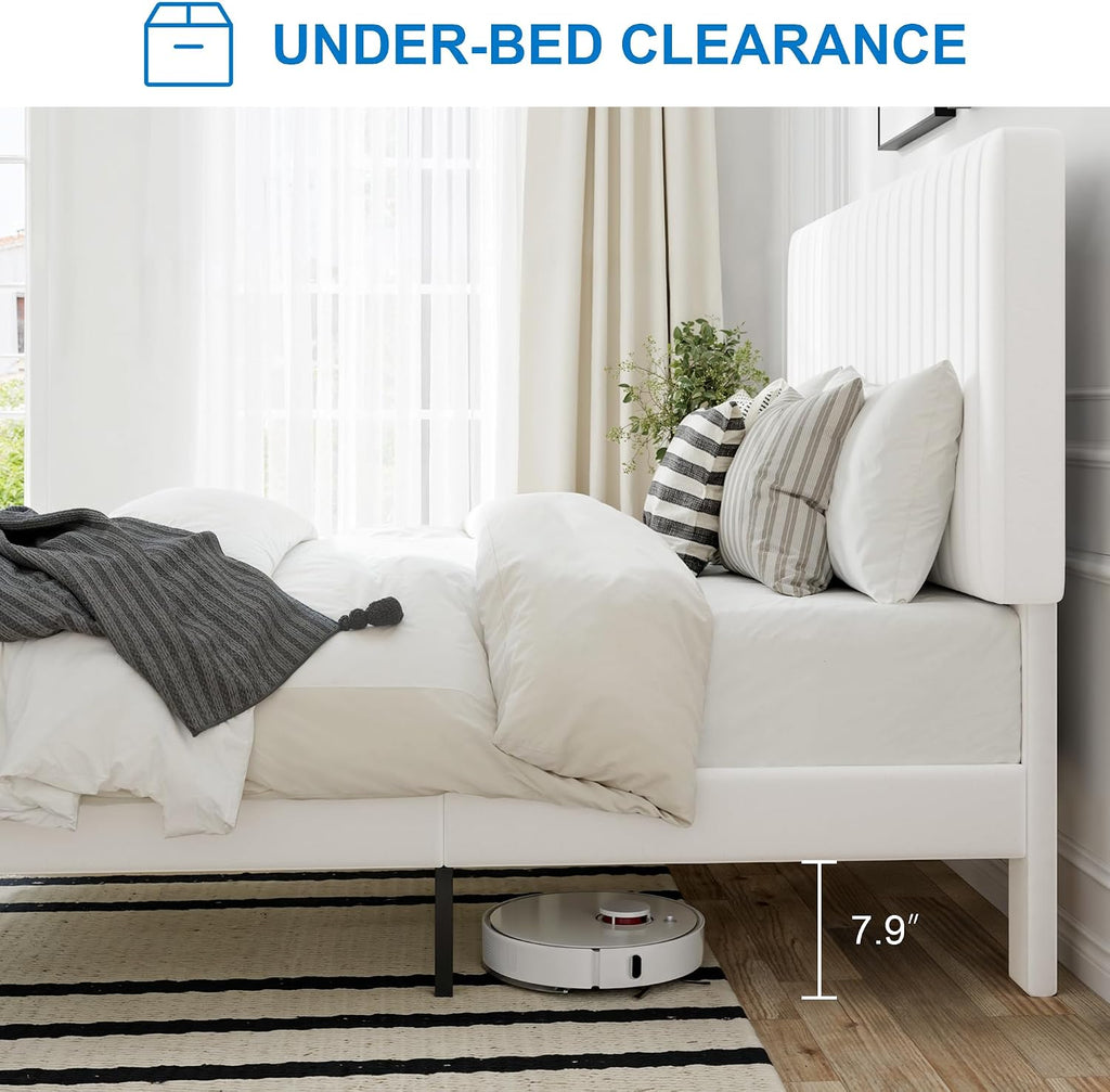 GOLDORO Queen Size Bed Frame with Adjustable Headboard, Velvet Upholstered Platform Bed, Vertical Channel Tufted Design, Wooden Slat Support, No Box Spring Needed, Easy Assembly, White
