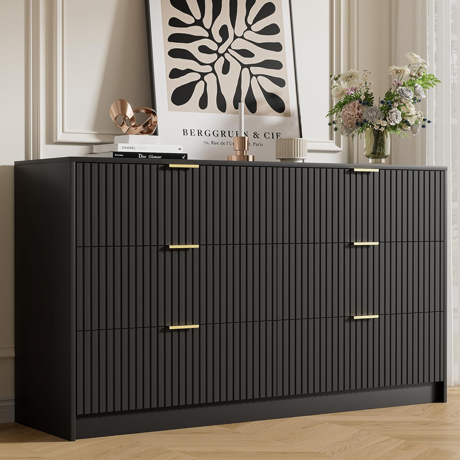 Furniway Black Dresser for Bedroom, Modern Dresser with 6 Drawers and Smooth Slides, Wide Chest of Drawers with Golden Handles for Bedroom, Living Room, Closet, 15.7' D x 55.1' W x 31.4' H