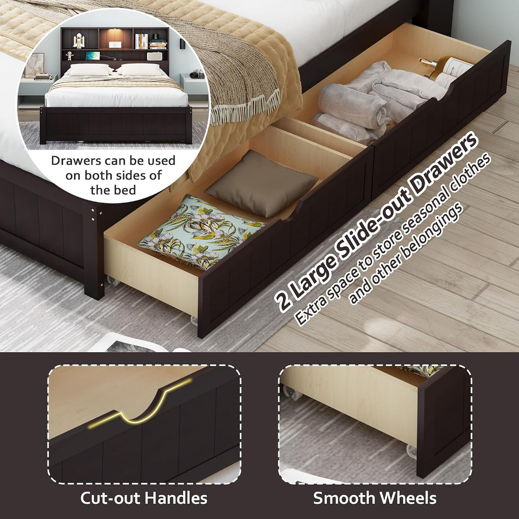 MERITLINE Twin Bed with Storage Headboard,Drawers,Charging Station and LED Lights, Wood Platform Bed with Storage Bookcase, No Box Spring Needed (Twin,Espresso)