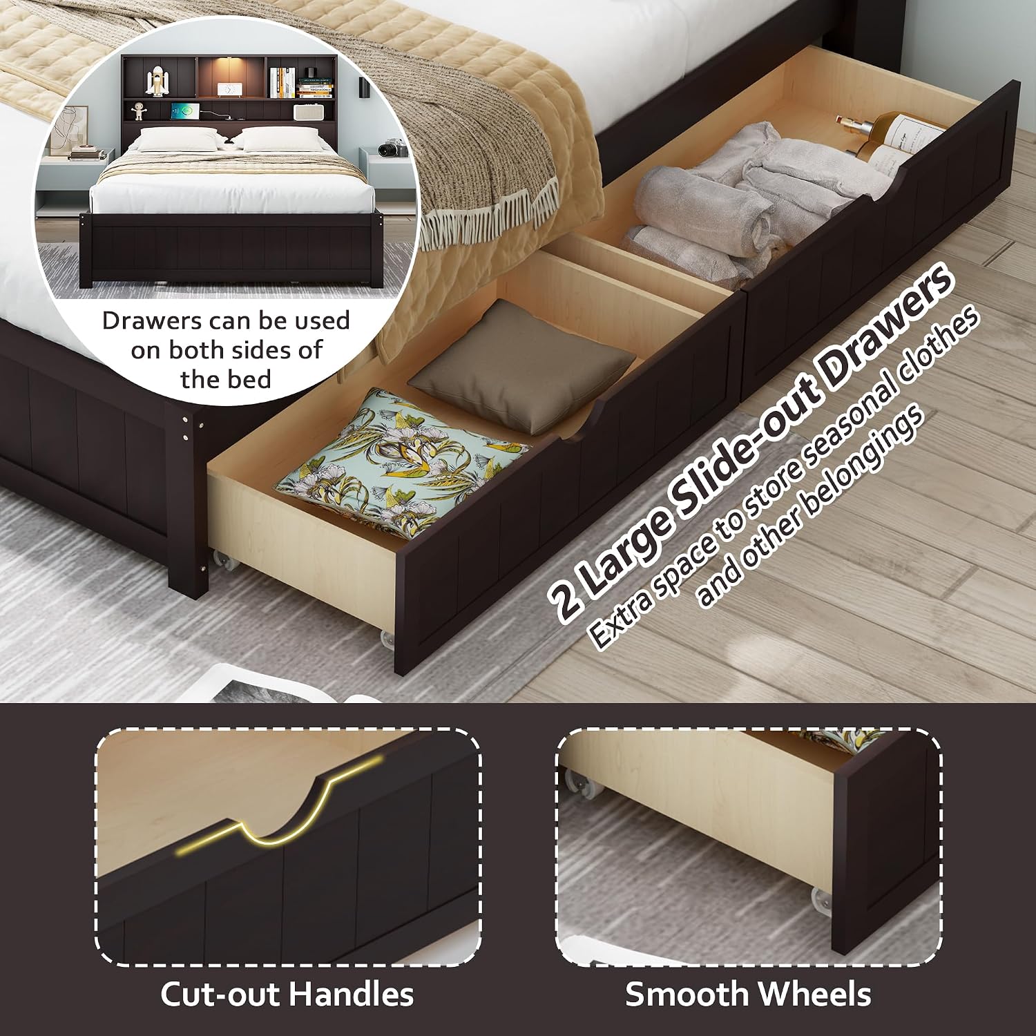 MERITLINE Twin Bed with Storage Headboard,Drawers,Charging Station and LED Lights, Wood Platform Bed with Storage Bookcase, No Box Spring Needed (Twin,Espresso)