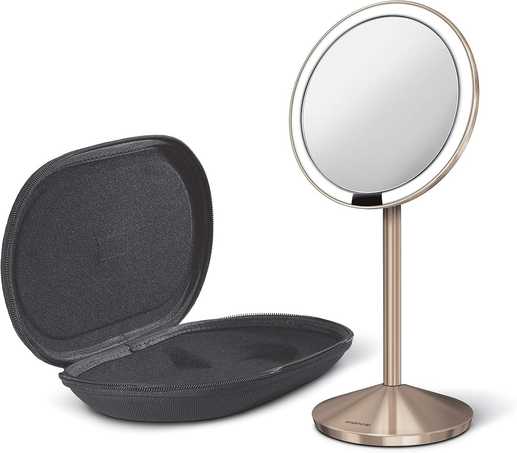 simplehuman Sensor Mirror, Travel Makeup Mirror with Lights, 10X Magnification, Lighted, Round, Free Standing, 5', Rose Gold Stainless Steel
