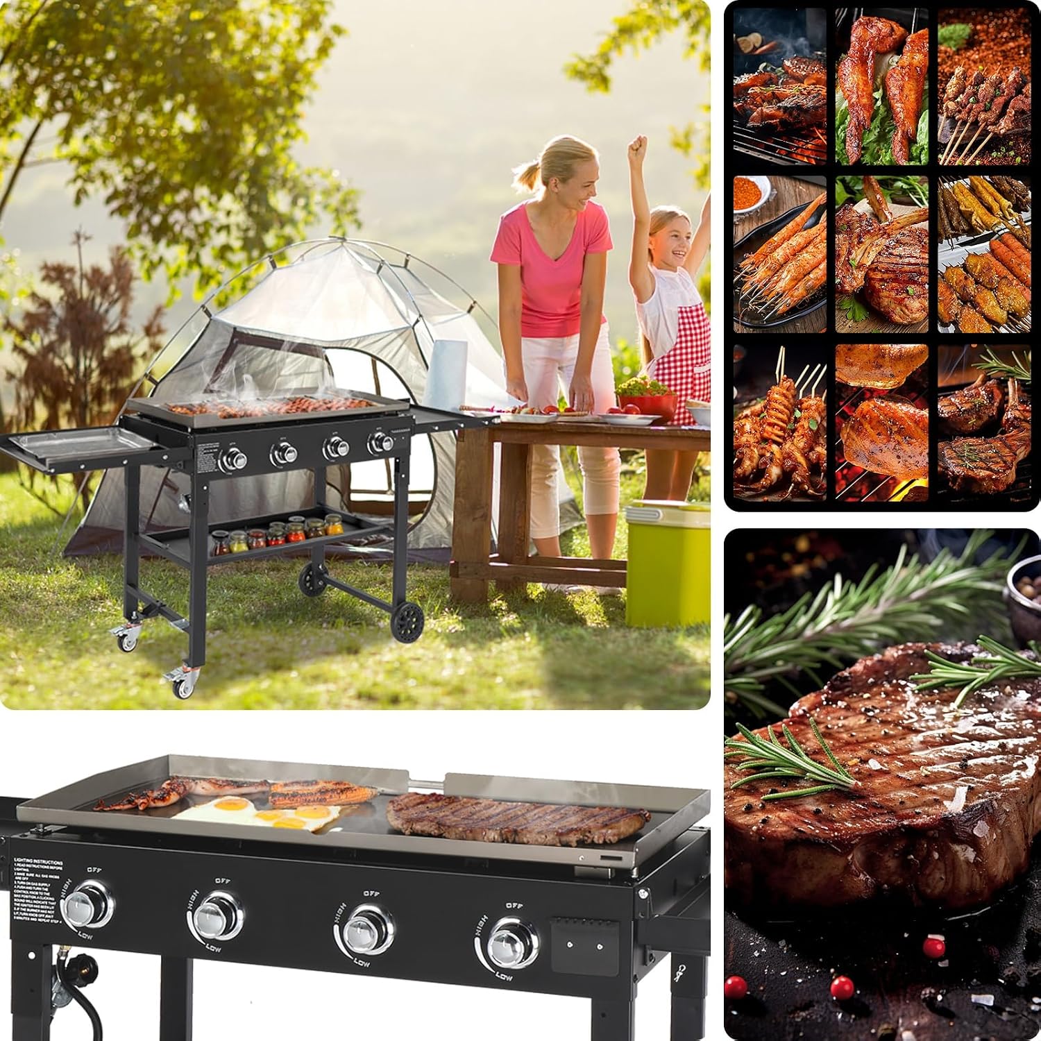 Foldable Flat Top Grill, Portable Outdoor Propane Griddle with 2 Foldable Shelves, 30000/45000/60000 BTU Gas Grill Griddle Cooking Station for BBQ & Outdoor Cooking, Black(4 Burner)