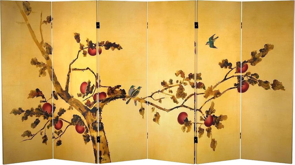 Red Lantern 4 ft. Short Double Sided Plum Tree Canvas Folding Screen 6 Panel Freestanding Partition and Separator for Modern and Contemporary Bedroom, Home Office, Studio, Dorm, Apartment