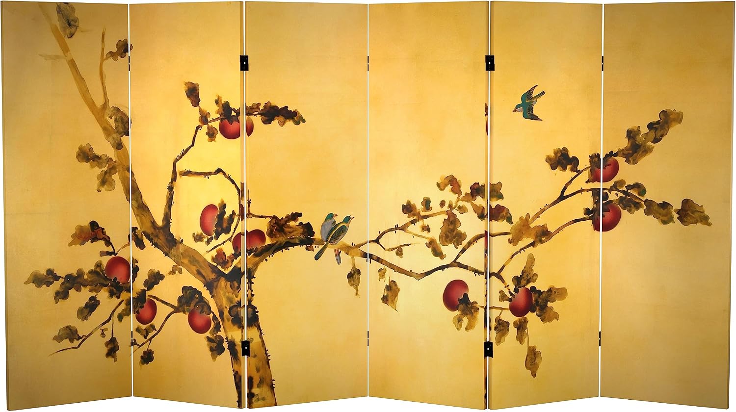 Red Lantern 4 ft. Short Double Sided Plum Tree Canvas Folding Screen 6 Panel Freestanding Partition and Separator for Modern and Contemporary Bedroom, Home Office, Studio, Dorm, Apartment