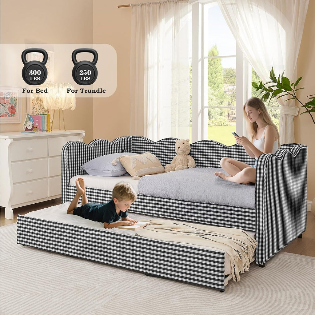 Twin to King Daybed with Trundle, USB Ports Soft Upholstered Daybed with Pop Up Trundle Bed Twin , Modern Extendable Day Bed Frame for Kids Bedroom Living Room Guest Room Small Places Geometric Black