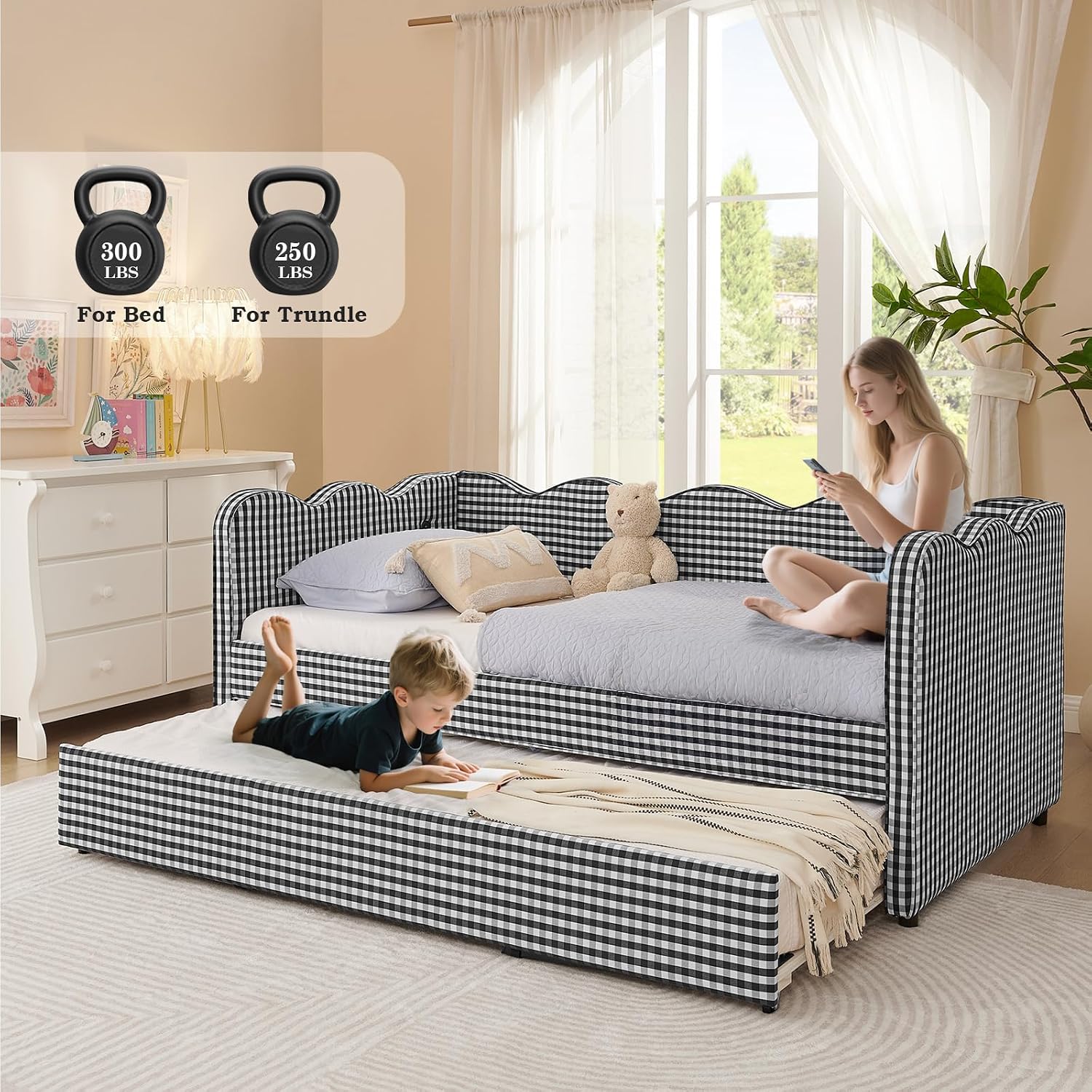 Twin to King Daybed with Trundle, USB Ports Soft Upholstered Daybed with Pop Up Trundle Bed Twin , Modern Extendable Day Bed Frame for Kids Bedroom Living Room Guest Room Small Places Geometric Black
