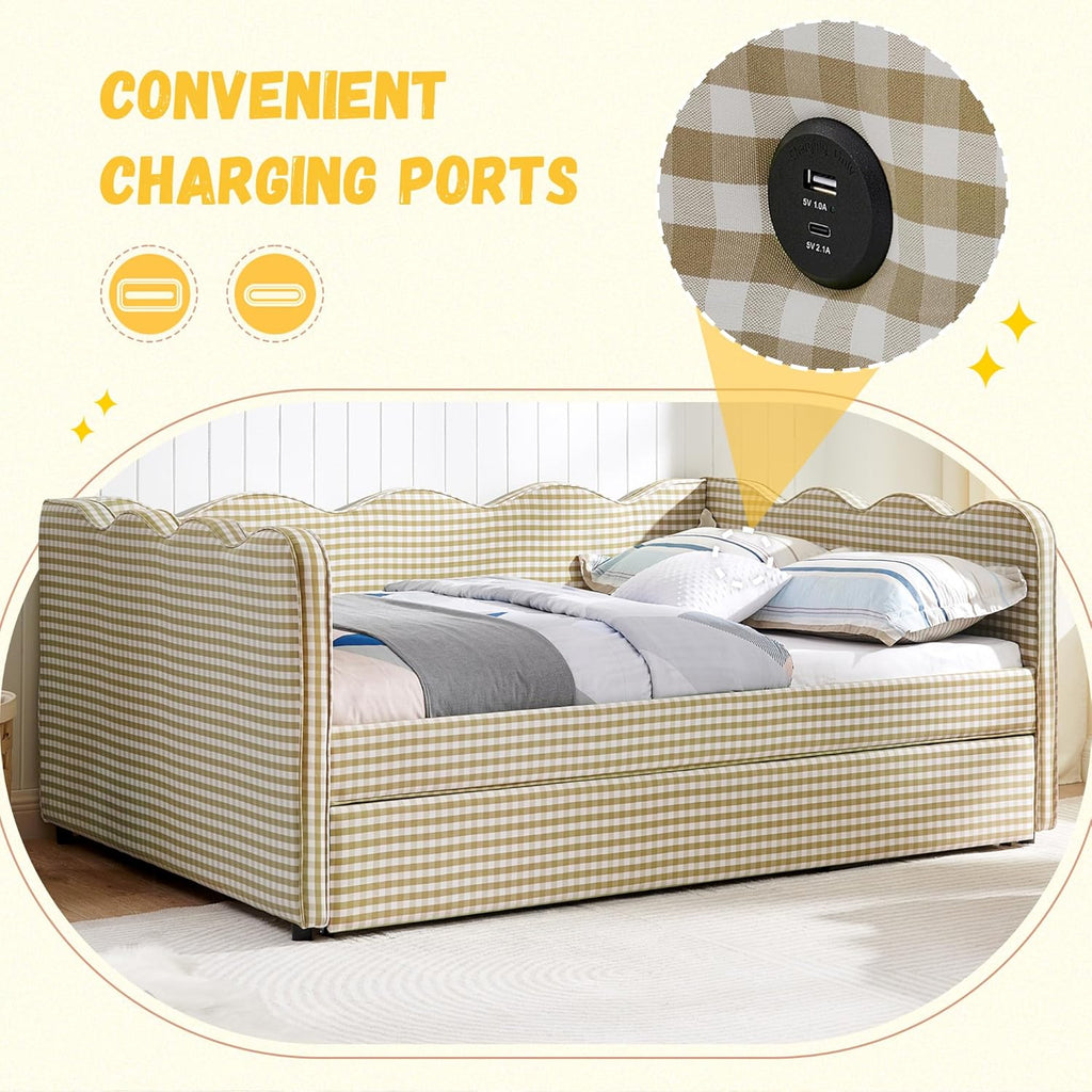 DEINPPA Full Size Upholstered Daybed with Trundle, Gingham Daybed with USB Ports for Bedroom Living Room Guest Room-Brown