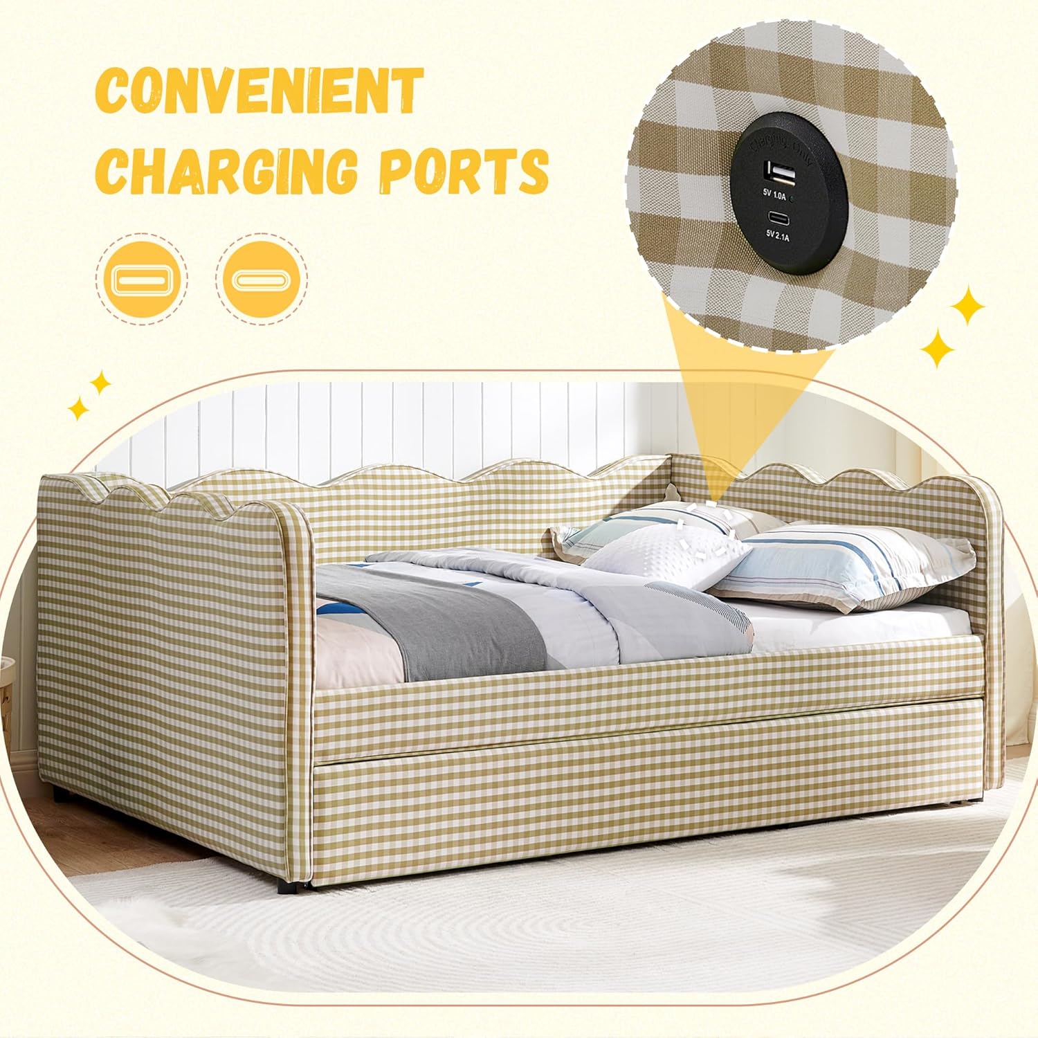 DEINPPA Full Size Upholstered Daybed with Trundle, Gingham Daybed with USB Ports for Bedroom Living Room Guest Room-Brown
