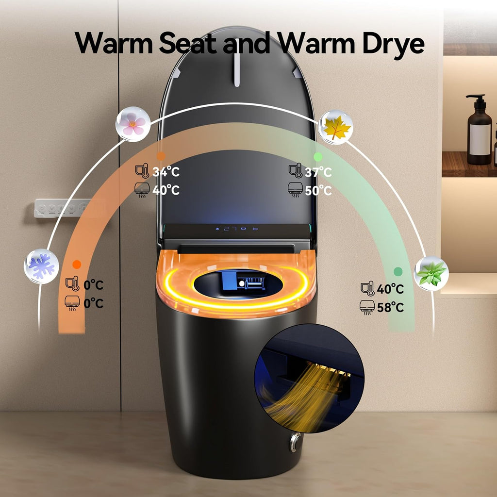 One Piece Toilet,Smart Toilet with Bidet Built In,Ceramic Toilet with Dryer and Warm Water, Intelligent Toilet Auto Open/Close Seat,Heated Seat,Black
