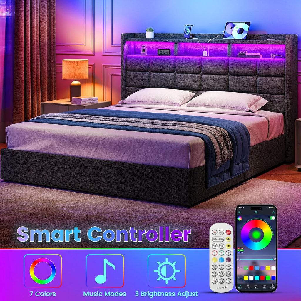 Driftalia Lift Up Full Size Bed Frame with Storage, Upholstered Full Bed Frame with LED Lights Headboard and Charging Station, No Box Spring Needed, Easy Assembly - Dark Grey