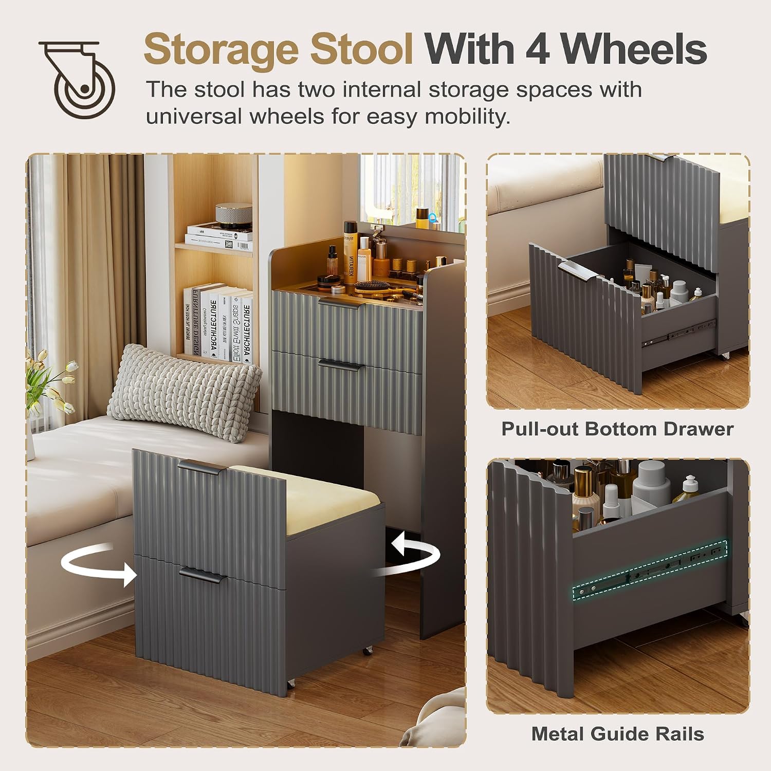 Lvifur 3 in 1 Small Vanity Desk with Plip Top Mirror,Makeup Vanity Set with Visible Glass Desktop,Compact Vanity with 3 Drawers,Storage Compartment and Padded Stool,Dressing Table for Bedroom,Grey