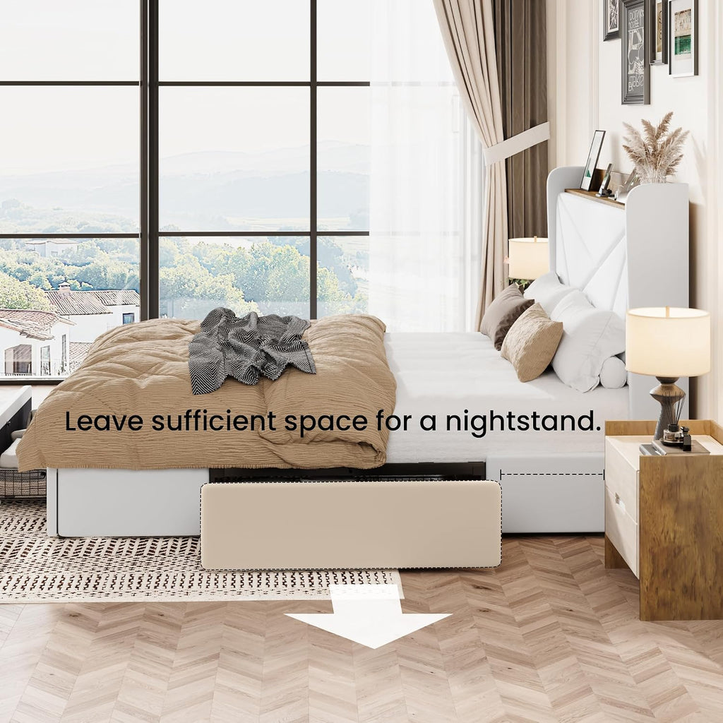 SHA CERLIN Full Size Bed Frame with 3 Drawers, USB & Type-C Charging Ports, Velvet Upholstered Platform Bed with Modern Geometric Wingback Storage Headboard, No Box Spring Needed, Easy Assembly, White