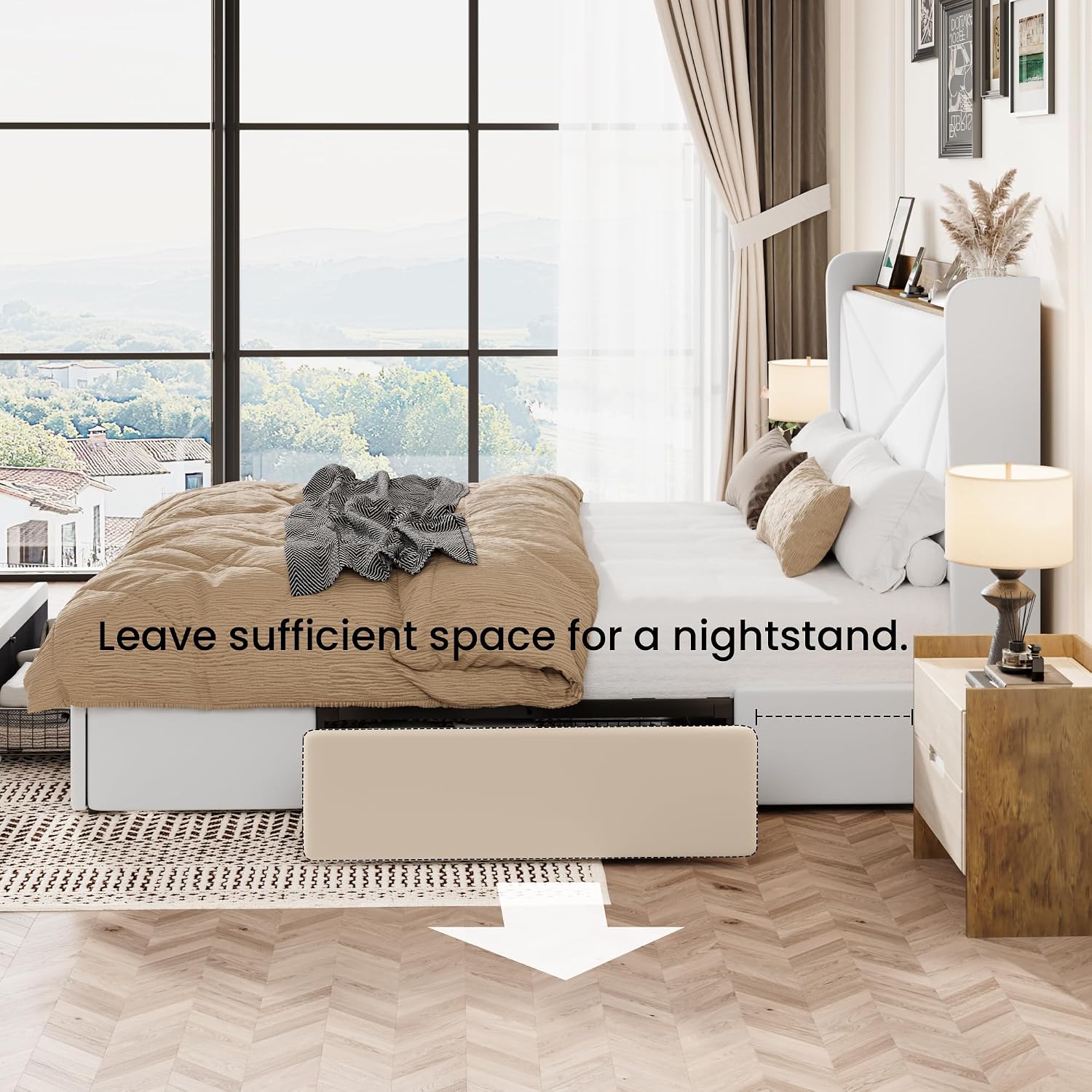 SHA CERLIN Queen Bed Frame with 3 Drawers, USB & Type-C Charging Ports, Velvet Upholstered Platform Bed with Modern Geometric Wingback Storage Headboard, No Box Spring Needed, Easy Assembly, White