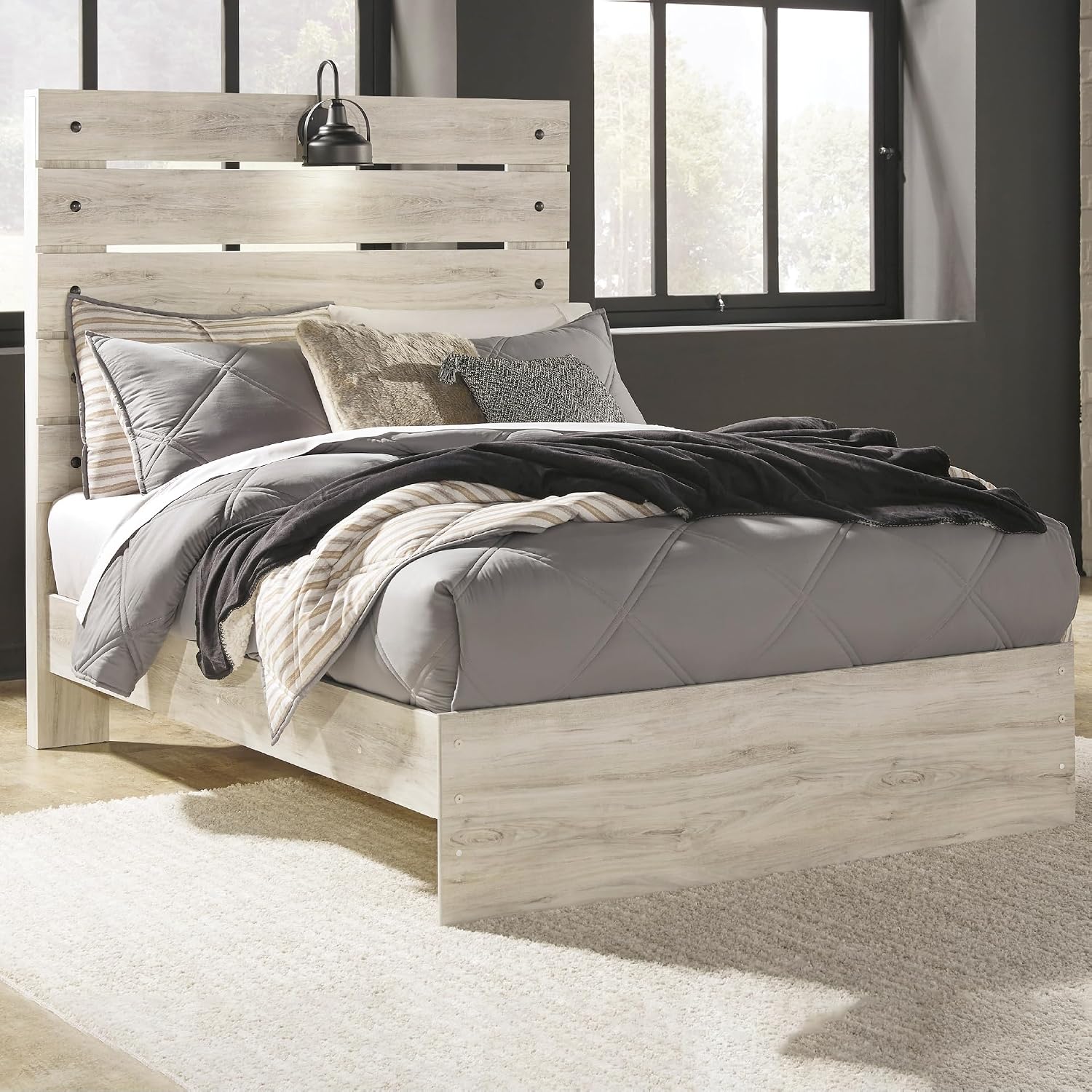 Signature Design by Ashley Cambeck Farmhouse Full Panel Bed with Sconce Light and USB Ports, Foundation or Box Spring Needed, Whitewash