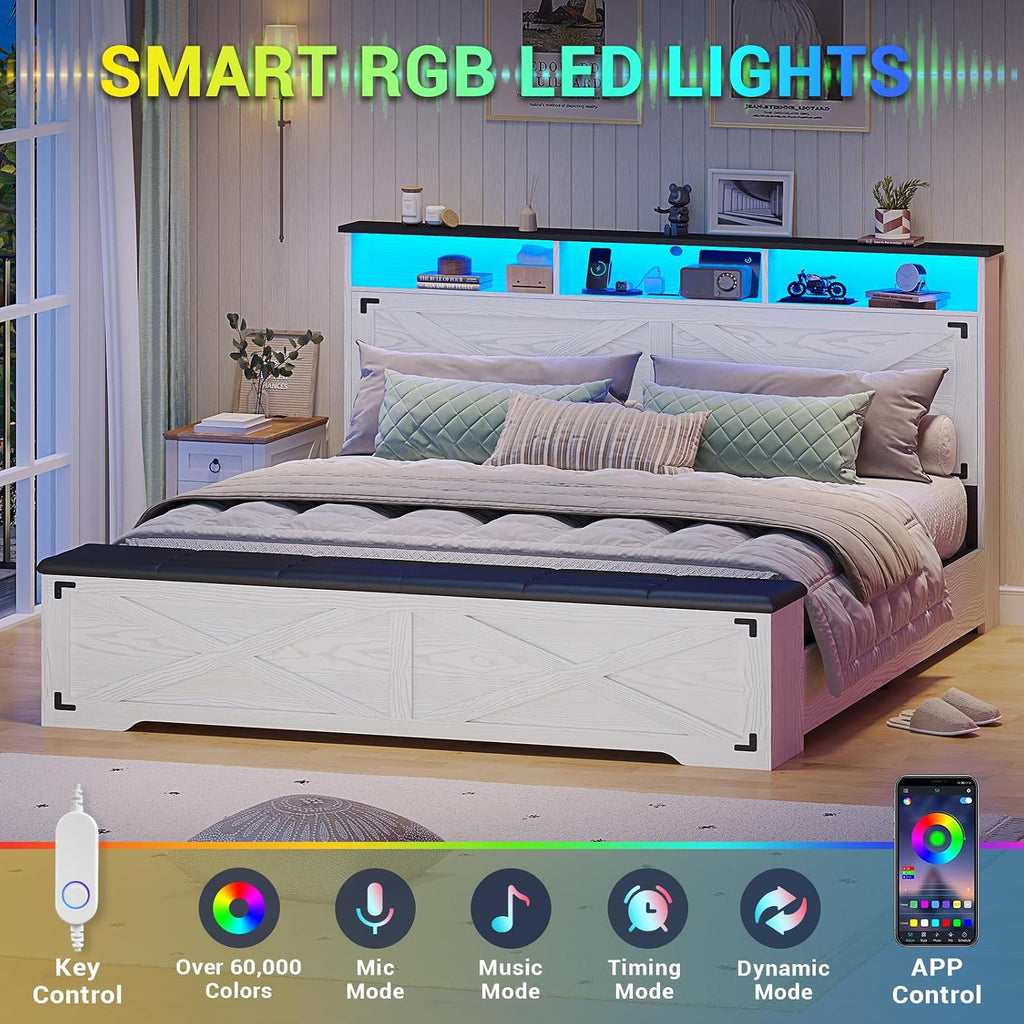Hasuit Queen Size Bed Frame with Storage Ottoman, Farmhouse Bed Frame with Charging Station and Led Light, Headboard with Storage Rack, Metal Slats, No Noise Design, No Box Spring Needed,Walnut White