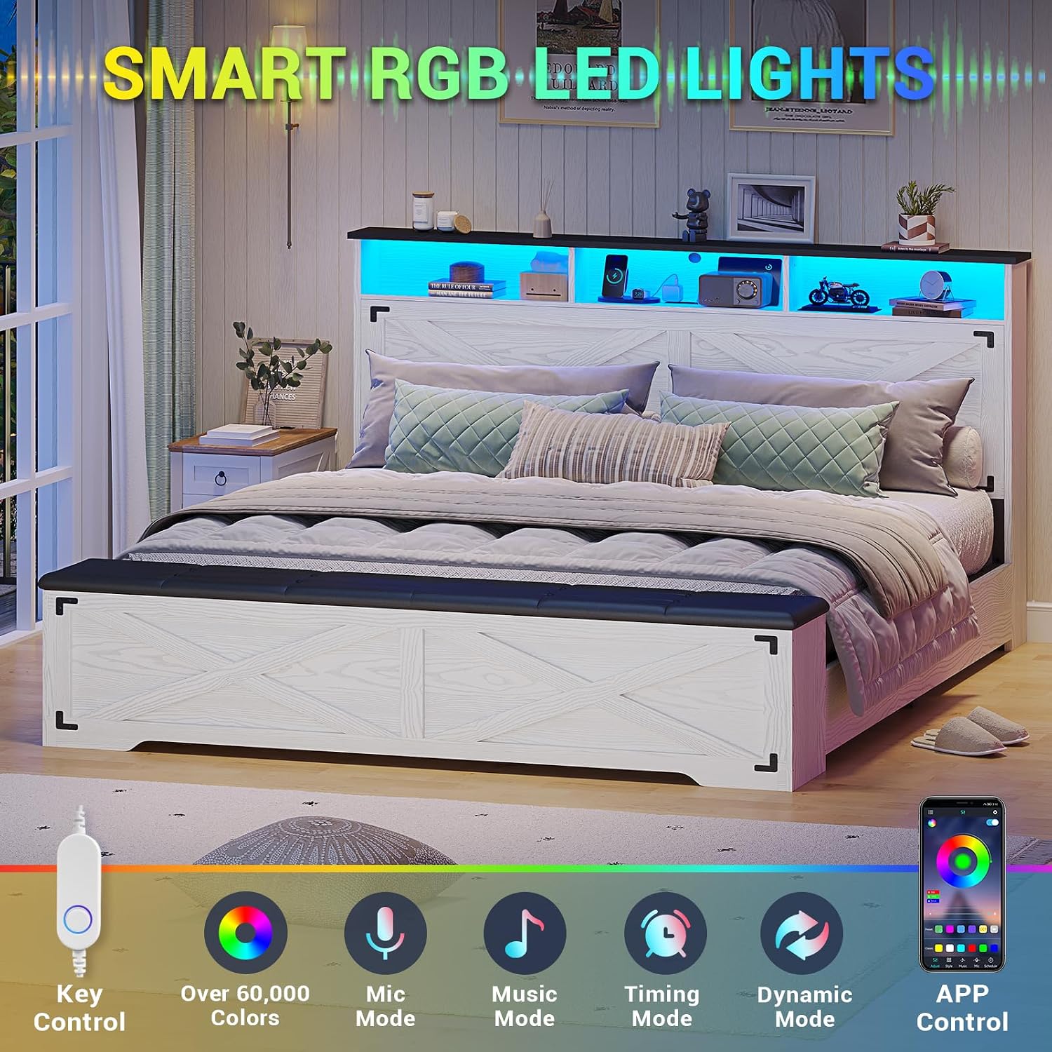 Hasuit Queen Size Bed Frame with Storage Ottoman, Farmhouse Bed Frame with Charging Station and Led Light, Headboard with Storage Rack, Metal Slats, No Noise Design, No Box Spring Needed,Walnut White