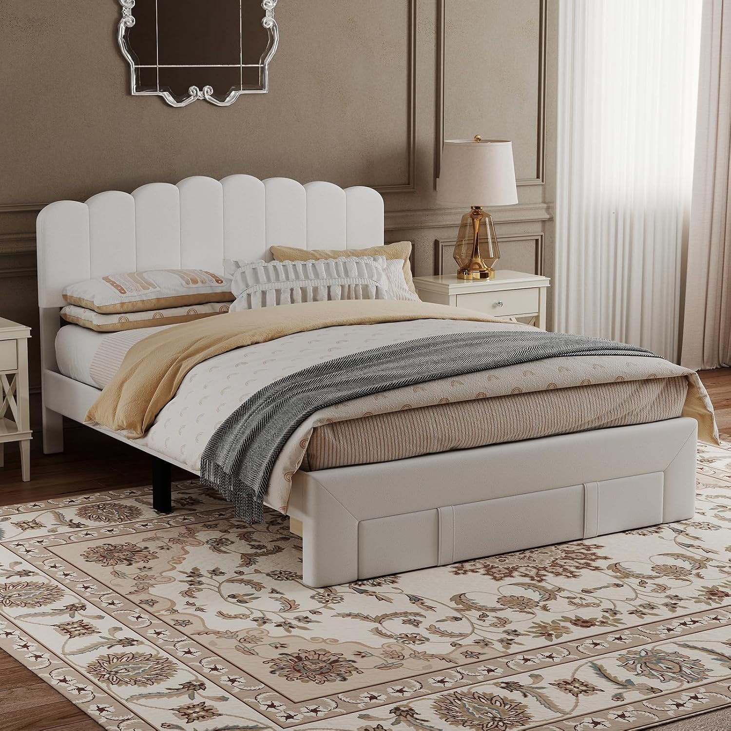 CANMOV Queen Size Bed Frame with Adjustable Headboard and Storage Drawer, Wool Upholstered Platform Bed Frame with White Ambient Light, Wooden Slats Support, White