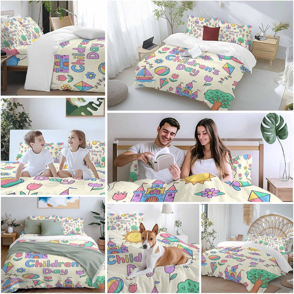Children's Day Duvet Cover Set Queen Size 4 Pieces Cartoon Sun Airplanes Castles Kites Boat Balloon Beige Bedding Set with Zipper Closure, 1 Comforter Cover 90x92 Inches 1 Flat Sheet & 2 Pillow Cases