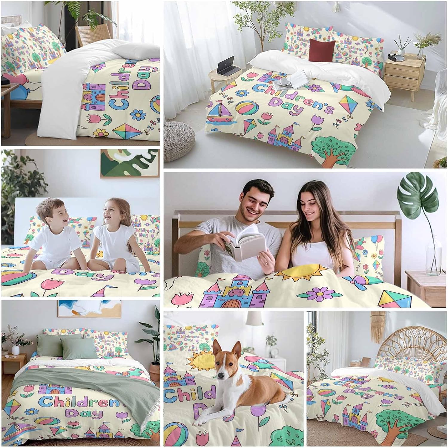 Children's Day Duvet Cover Set Queen Size 4 Pieces Cartoon Sun Airplanes Castles Kites Boat Balloon Beige Bedding Set with Zipper Closure, 1 Comforter Cover 90x92 Inches 1 Flat Sheet & 2 Pillow Cases