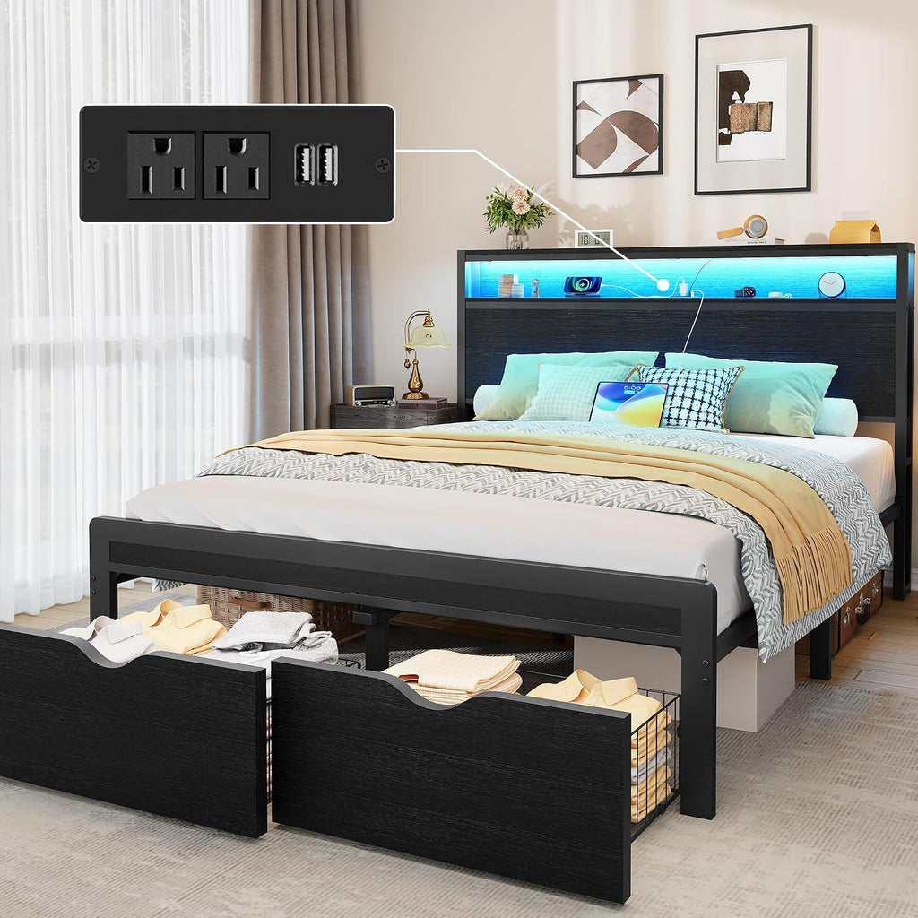 FAVOOSTY Queen Bed Frame with 2-Tier Headboard, Metal Platform with 2 Storage Drawers, LED Lights and Charging Station, Noise Free, No Box Spring Needed, Easy Assembly, Black