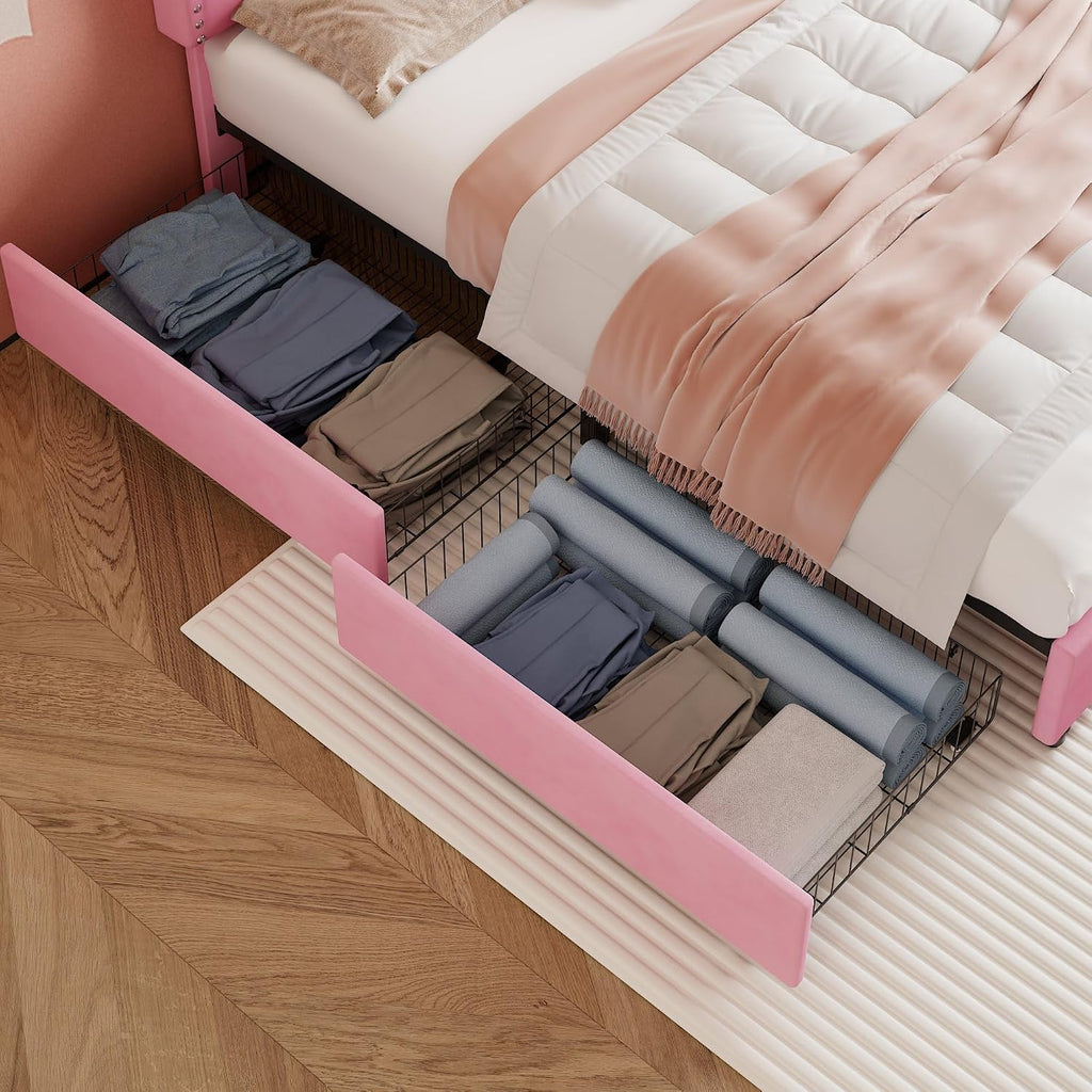 VECELO Queen Bed Frame Platform Bed Frame with Upholstered Headboard, 4 Storage Drawers, Strong Frame and Heavy-Duty Slats Support, Non-Slip and Noise-Free, Easy Assembly,Pink