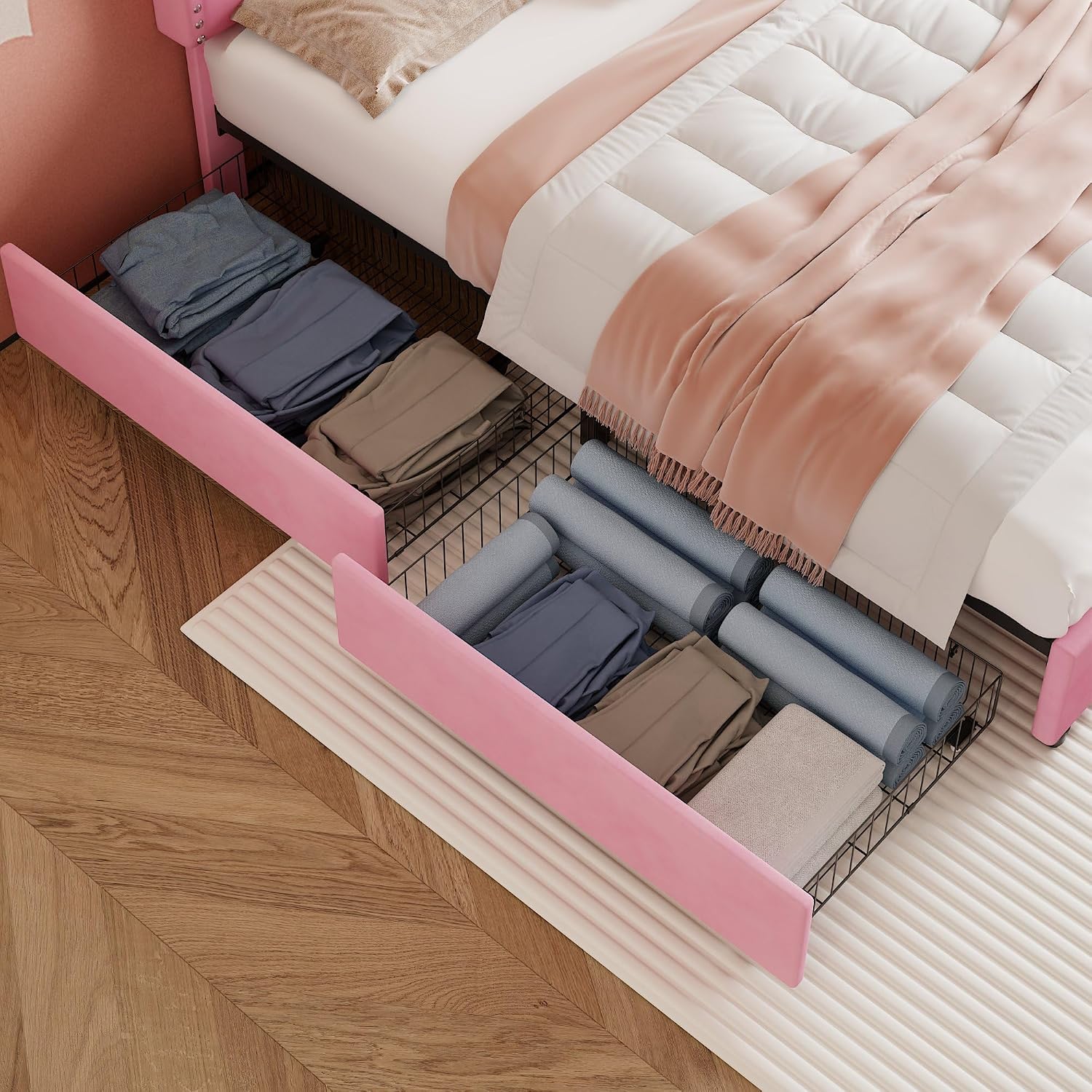 VECELO Queen Bed Frame Platform Bed Frame with Upholstered Headboard, 4 Storage Drawers, Strong Frame and Heavy-Duty Slats Support, Non-Slip and Noise-Free, Easy Assembly,Pink
