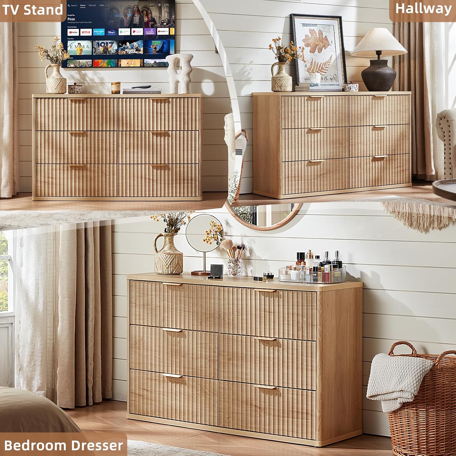 LEYAOYAO Fluted Dresser and Nightstand Sets, Wood 48' Wide Dresser & 23' Night Stand with Charging Station, 2 Piece Bedroom Furniture Set, Chest of Drawers for Bedroom, Home, Living Room,Wood