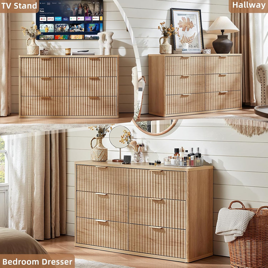 LEYAOYAO Fluted Dresser and 3 Drawers Nightstand Set of 2, Wood 48' Wide Dresser & 23' Night Stand with Charging Station, 3 Piece Bedroom Furniture Set, Chest of Drawers for Home,Living Room,Wood