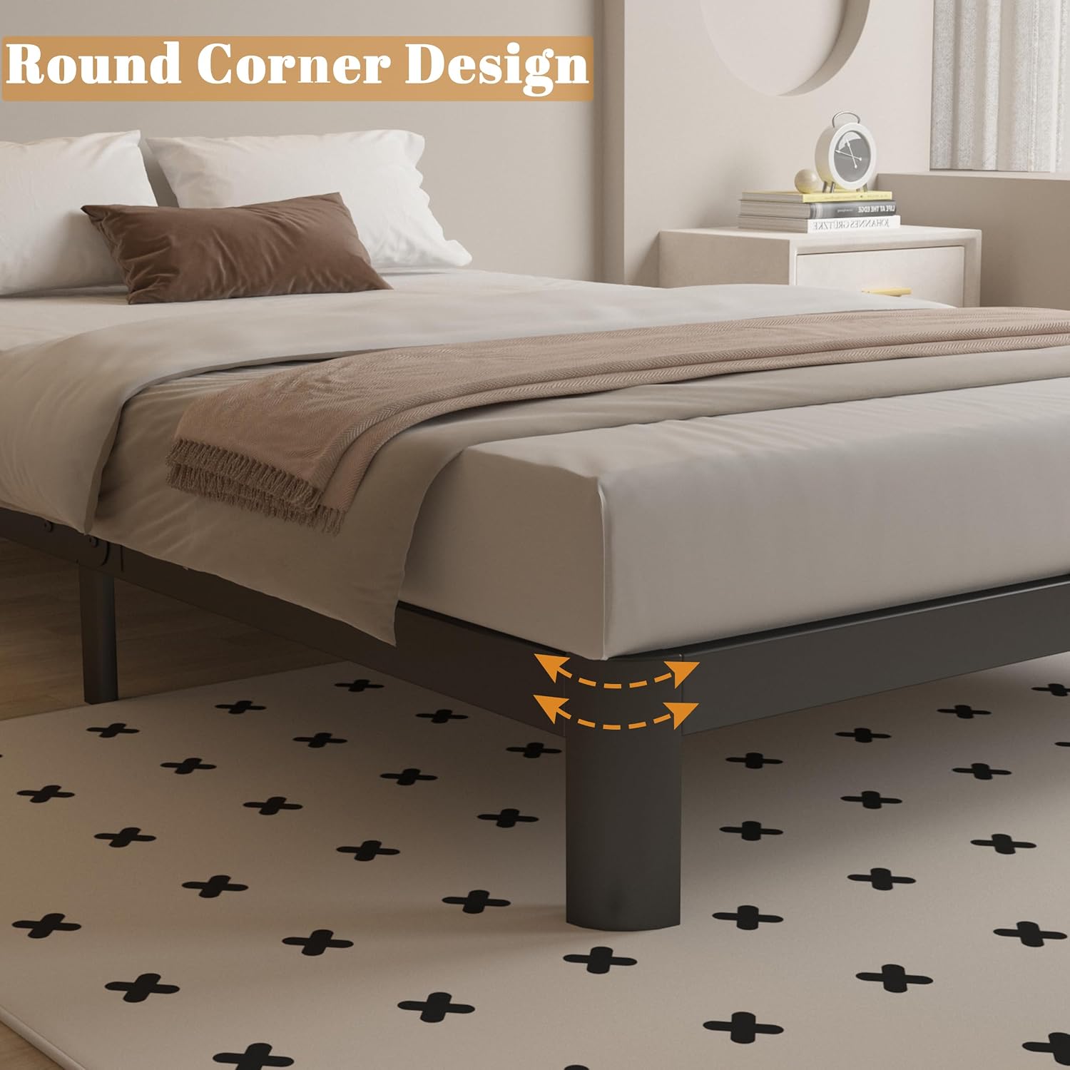 6 Inch King Size Bed Frame with Metal Gaskets, Black Bed Frame King Size No Box Spring Needed, Heavy Duty Steel Platform Support, Round Corner Design, Reserved Holes, Noiseless, Easy Assembly