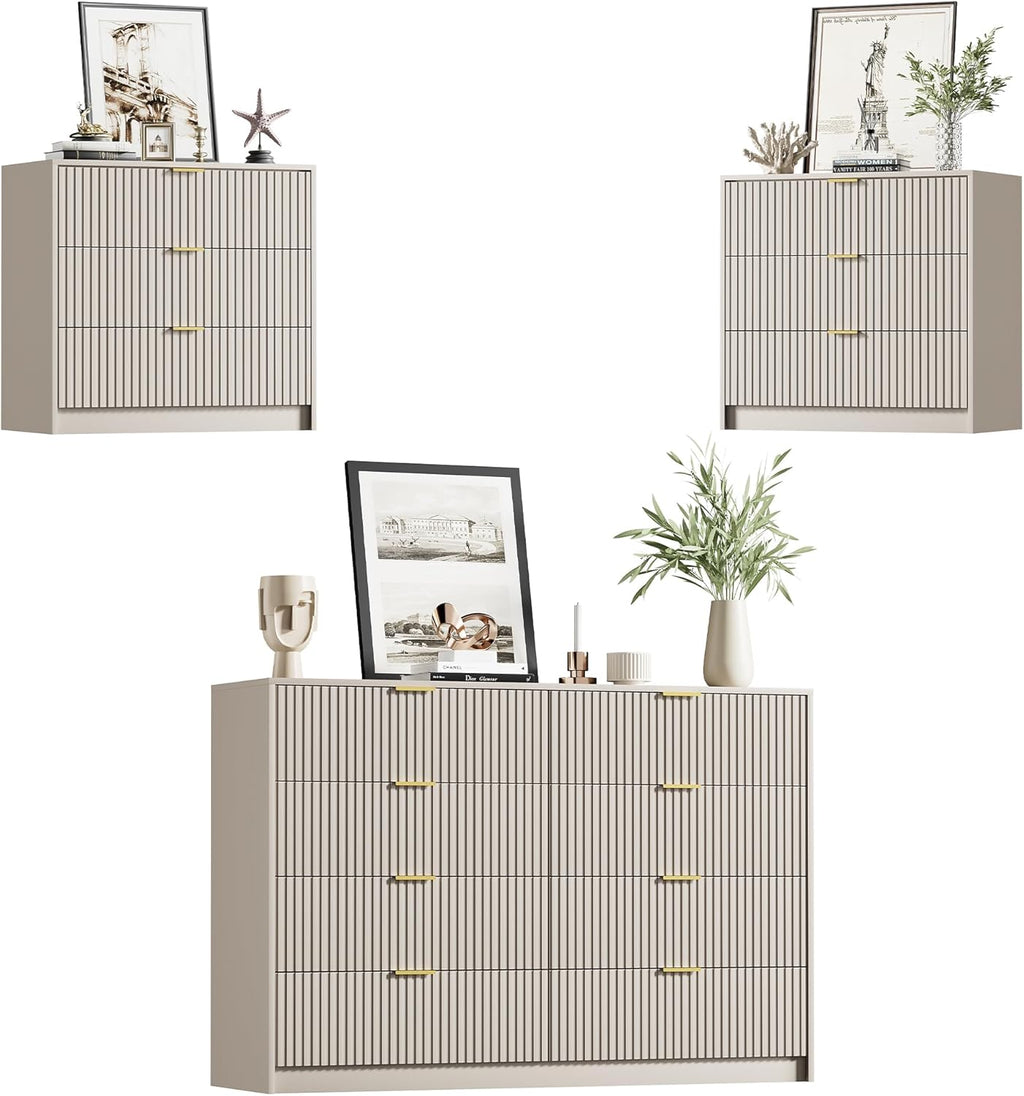 Furniway Beige Dresser Bedroom Set 3 Pieces, Nightstands Sets of 2, 8 Drawer Dresser with Gold Handles for Bedroom