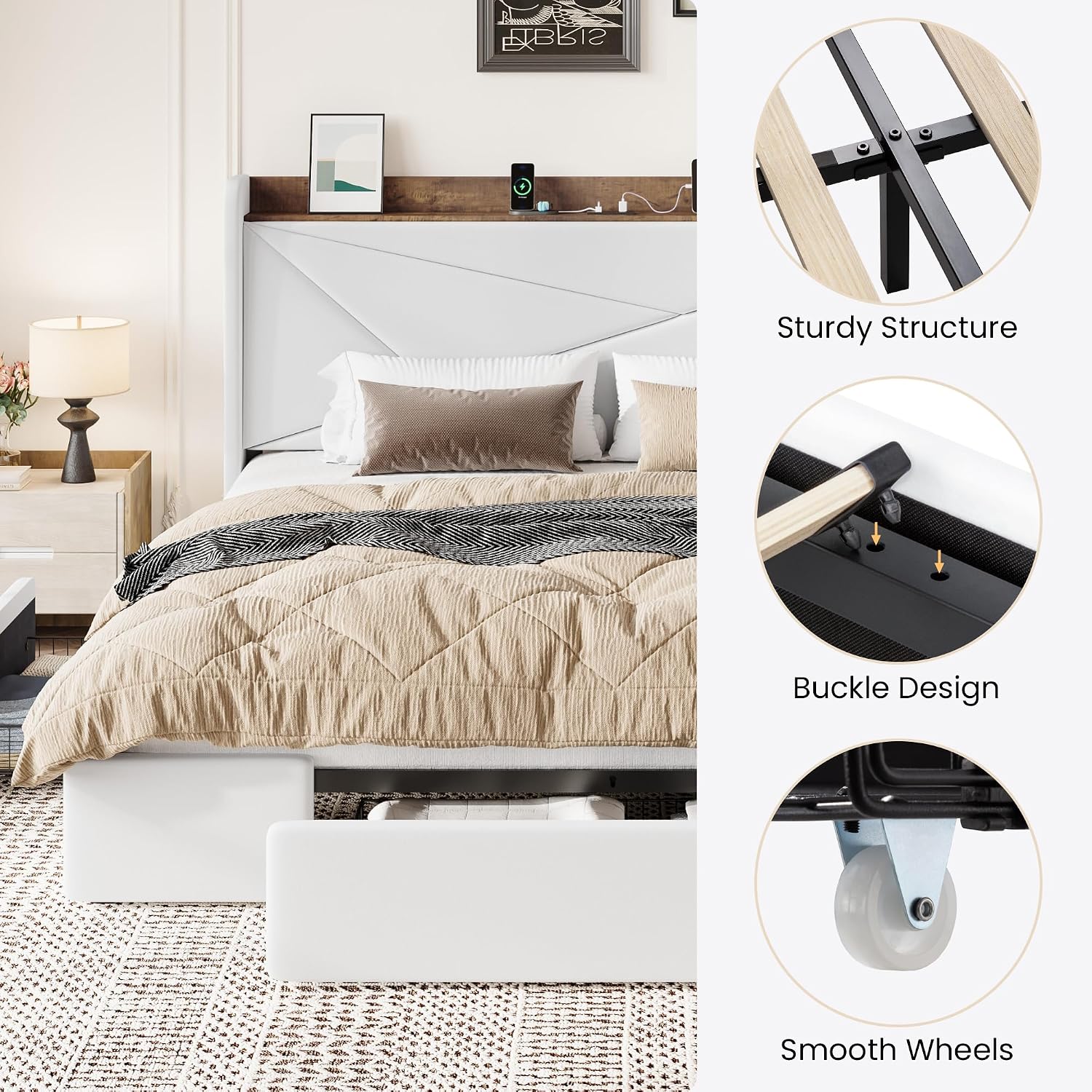 SHA CERLIN King Size Bed Frame with 3 Drawers, USB & Type-C Charging Ports, Velvet Upholstered Platform Bed with Modern Geometric Wingback Storage Headboard, No Box Spring Needed, Easy Assembly, White