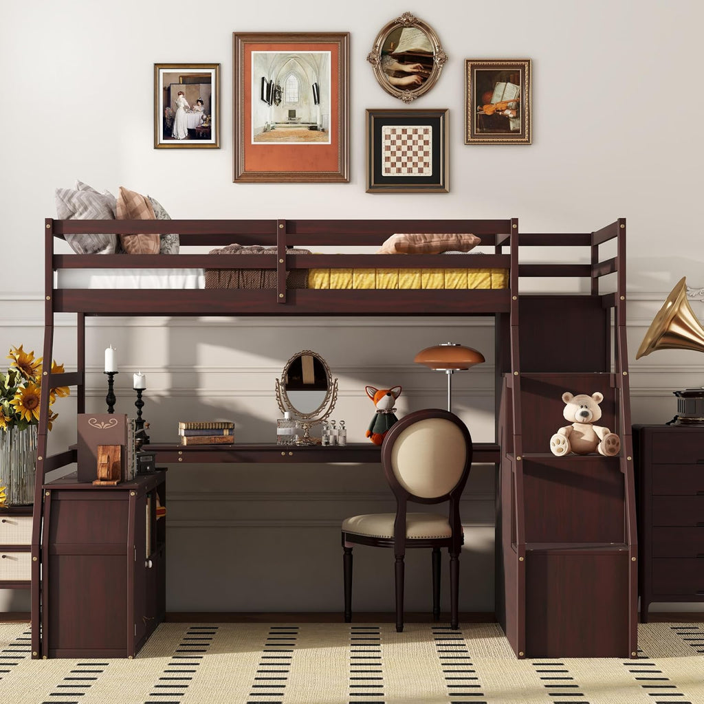 Bellemave Twin Size Loft Bed with Stairs and Desk, Wood Loft Beds with Cabinet and 7 Drawers, High Loft Bed Frame with Shelves and Step for Kids, Teen, Boys, Girls, Espresso